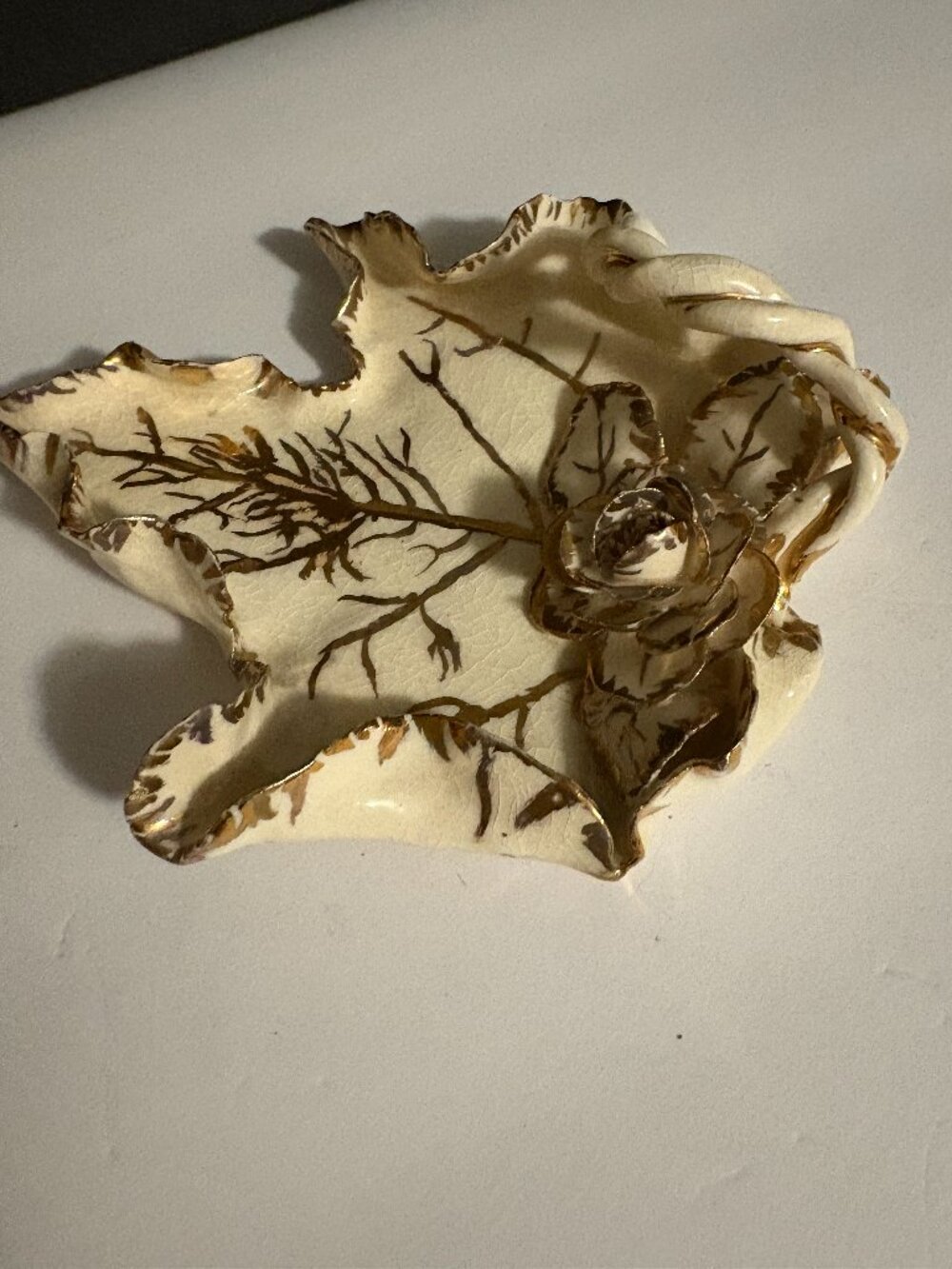 Vintage Porcelain Maple Leaf Trinket Dish w/Gold Trim and Rose Accent